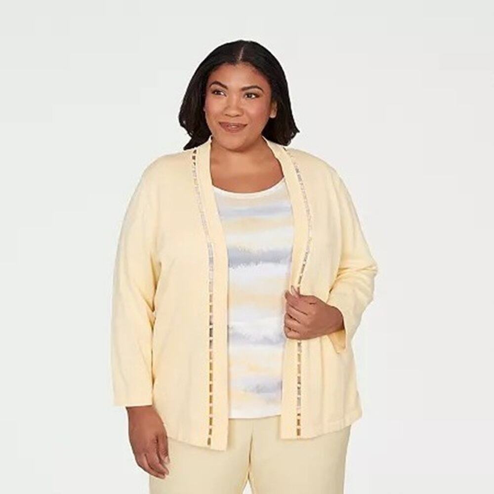Alfred Dunner 2X Layered Sweater Yellow Al Fresco Beads Attached Tee 3/4 Sleeve